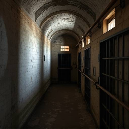 Celda de Eastern State Penitentiary, mostrando el deterioro y la antig眉edad.